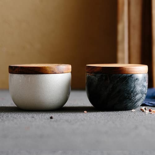 jalz jalz Marble Salt and Pepper Bowls Salt Box Salt Cellar Set Wood