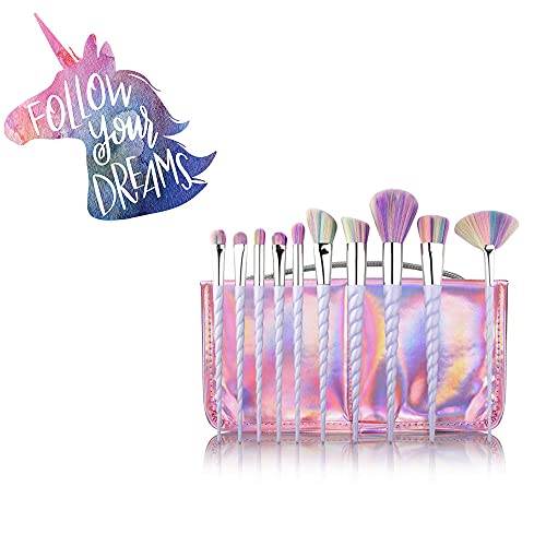 AMMIY Unicorn Makeup Brushes 10pcs With Colorful Bristles Unicorn Horn