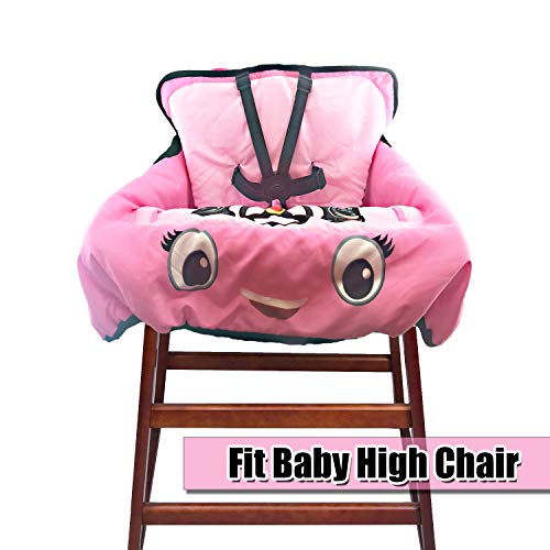 Cute Car Design 2-in-1 Shopping Cart&High Chair Cover for Baby with Portable Bag | Universal Fit All Shopping Cart Seat& Restaurant Highchair | Fits Big Carts | 5 Point Safety Harness System (Pink) - Thumbnail 5
