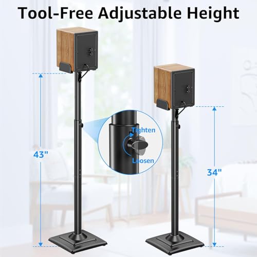 Homodoskey Speaker Stands Pair, 86-110cmHeight Adjustable,Cable Concealing, 1 Pair Spring-Loaded Plate Extends, For Satellites up to 5 kg Speaker Stand Floor, Universal Satellite & Bookshelf Speakers