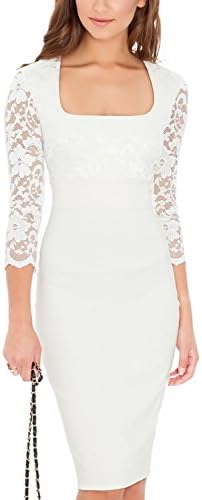 Women’s Square Neck Lace 3/4 Sleeve Sheath Pencil Dress Knee-length Formal Dresses IRLM01-U3315 (Small, White)