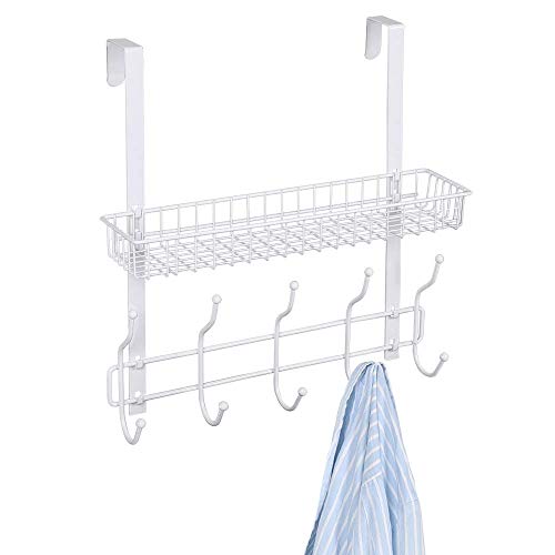 RZChome Upgrade Over The Door Hook Shelf Organizer 5 Hooks with Basket Storage Rack for Coats & Towels