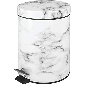 mDesign 5 Liter Round Small Step Trash Can Wastebasket, Garbage Container Bin for Bathroom, Powder Room, Bedroom, Kitchen, Craft Room, Office - Removable Liner Bucket, Hands-Free Design - Marble Print