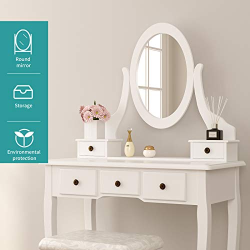 Mecor Vanity Table Oval Mirror,Makeup Vanity Set Cushioned Stool Wood
