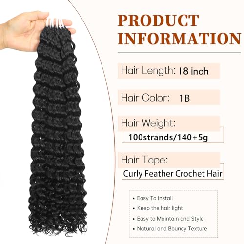 Feather Crochet Hair for Black Women, 100 Strands 140g Deep Wave Crochet Hair for Miracle Knots Hair Pre Separated Invisible Deep Curly Crochet Hair Natural Black (1B#, 18 Inch(100Strands))