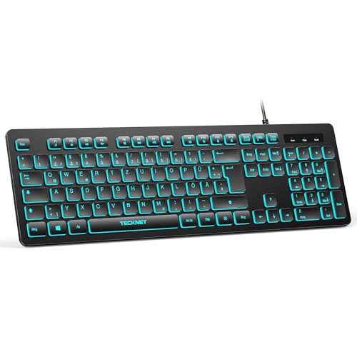TECKNET Wired Keyboard USB with 7 Colours RGB Lighting, German QWERTZ Full Size, Quiet Keyboard Splash-proof for PC/Laptop (Windows/Mac) - Black
