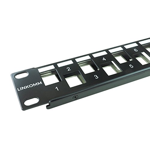 LINKOMM RJ45 1U 19 Inch 24-Port Shielded Cat6A Blank Staggered Keystone Jack Patch Panel with Rear Cable Management, Black