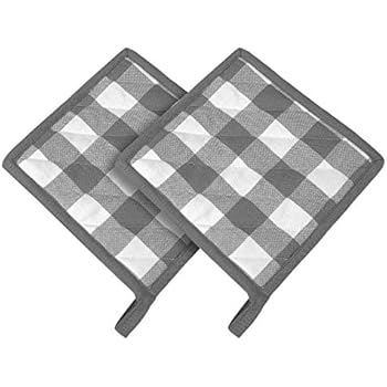 Cotton Clinic Gingham Buffalo Check 100% Cotton Pot Holders, Heat Resistant and Machine Washable, Kitchen Hot Pad Set of 2, Gray White