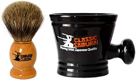 Classic Samurai Men Premium Shaving Set - Synthetic Shaving Brush and Classic Samurai Porcelain Shaving Mug