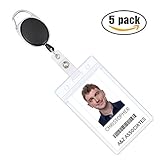 USYORE ID Badge Holder Retractable Badge Holder Vertical ID Card Holder Bus Card Holder Heavy Duty Retractable Name Badge Holder with Reel Clip Double sided Plastic Clear ID Pass Holder, Pack of 5