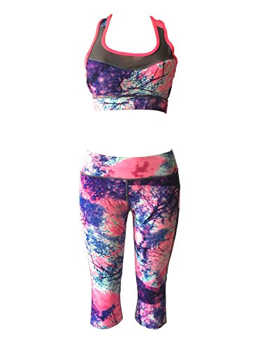 Women Gym Yoga Workout Padded Sports Bra Top + Cropped Leggings Activewear Set (M/L, Coral Mix)