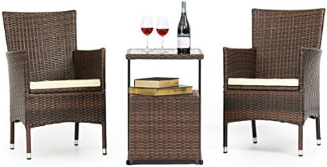 OUTROAD 3 Piece Wicker Bistro Set - All Weather Outdoor Dining Chairs Set of 2 &amp; C Shaped Side Table W/ Portable Storage | Incl. Zippered Seat Cushion &amp; Necessary Tools