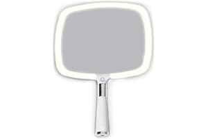 MIRRORVANA Lighted Travel Hand Mirror with Comfy Handle and Detachable Stand – Portable, Thin and Lightweight Design – Rechargeable with 3 LED Light Settings – 9″ x 13″ (White)