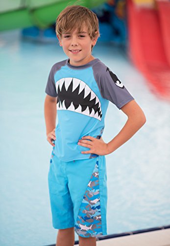 Fin Fun Boys Blue Shark Rash Guard and Board Short Swim Suit Set (Youth XL)