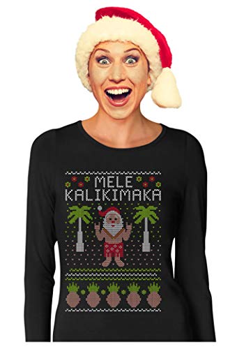 Mele Kalikimaka Hawaiian Santa Ugly Christmas Women Long Sleeve T-Shirt X-Large Black