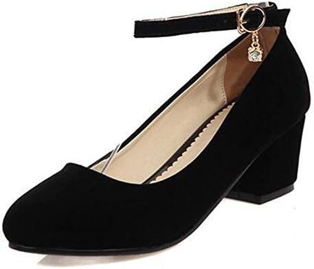 CHFSO Women's Elegant Rhinestones Solid Velvet Round Toe Buckle Ankle Strap Mid Chunky Heel Pumps Black 10 B(M) US