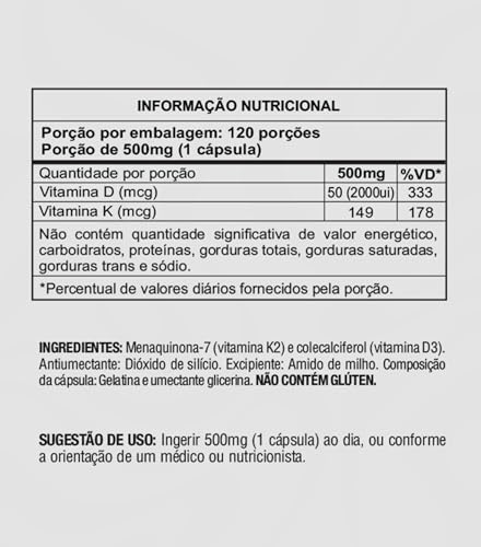 Vitamina D3 + K2 120 Cápsulas 4 Meses de Uso Longa Duração, 2000UI D3 149mcg Vitamina K2 MK-7, Fortalvit