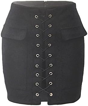 Ajclub Women's Sexy Vintage Lace Up High Waist Bodycon Faux Suede Mini Skirt (S, Black)