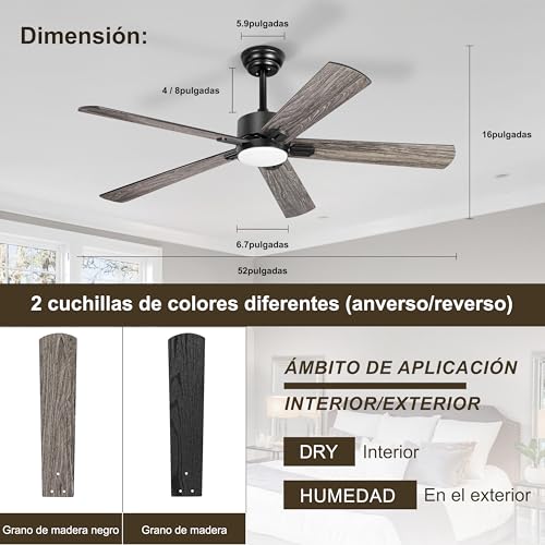 Ohniyou Ventilador de Techo de 52 Pulgadas, Luz Regulable y Control Remoto, 6 Velocidades, Motor DC Reversible Silencioso, Ventilador de Techo de 5 Palas para Dormitorio, Patio, Oficina (Negro)