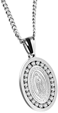 JC Fashion Jewelry Unisex Stainless Steel Cubic Zirconia Guadalupe Miraculous Medal Virgin Mary Pendant Necklace (Silvery)