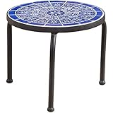 Christopher Knight Home 301163 Soleil Outdoor Blue & White Ceramic Iron Frame Tile Side Table, White Blue
