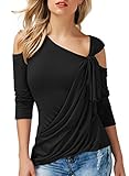 Annflat Women's Casual Cut Out Shoulder 3/4 Sleeve Wrap Shirt Ruched Blouses Medium Black