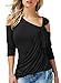 Annflat Women's Casual Cut Out Shoulder 3/4 Sleeve Wrap Shirt Ruched Blouses Medium Black