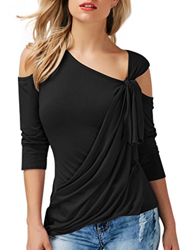 Annflat Women's Casual Cut Out Shoulder 3/4 Sleeve Wrap Shirt Ruched Blouses Medium Black