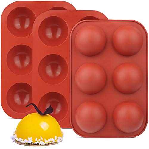 3 Pack 6 Holes Semi Sphere Chocolate Molds, BPA Free Silicone Baking Mold for Making Hot Chocolate Bombs, Cake, Jelly, Dome Mousse（Brick red）