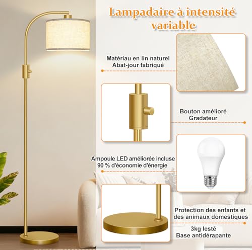 Nintiue Arc Dimming Floor Lamp, 1200LM LED Bulb Included, Floor Lamp Living Room Floor Lamp with Beige Shade and Heavy Base for Living Room Bedroom