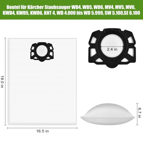Rebirthcare Vacuum Cleaner Bags for Karcher 2.863-006.0 Fleece Filter Bags 487 Replacement Bags WD4 WD5 WD6 WD5P WD6P Premium MV4 MV5 MV6 Bags Filter Bags Wet & Dry Vacuum Cleaner Bags Bags