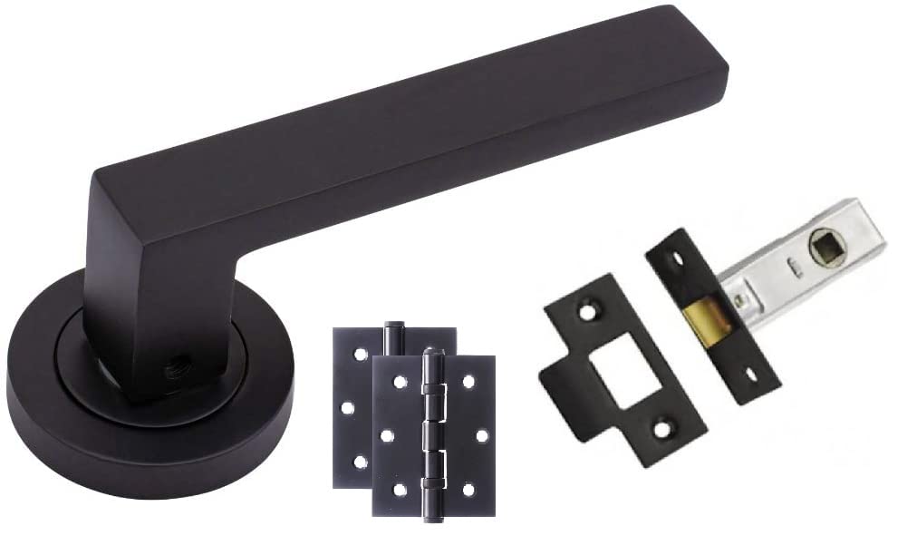 Golden Grace Delta Door Handles on Round Rose in Stunning Matte Black Finish Complete with 1 Pair of 3" Ball Bearing Hinges & 45mm Black Tubular Latch - 1 Set