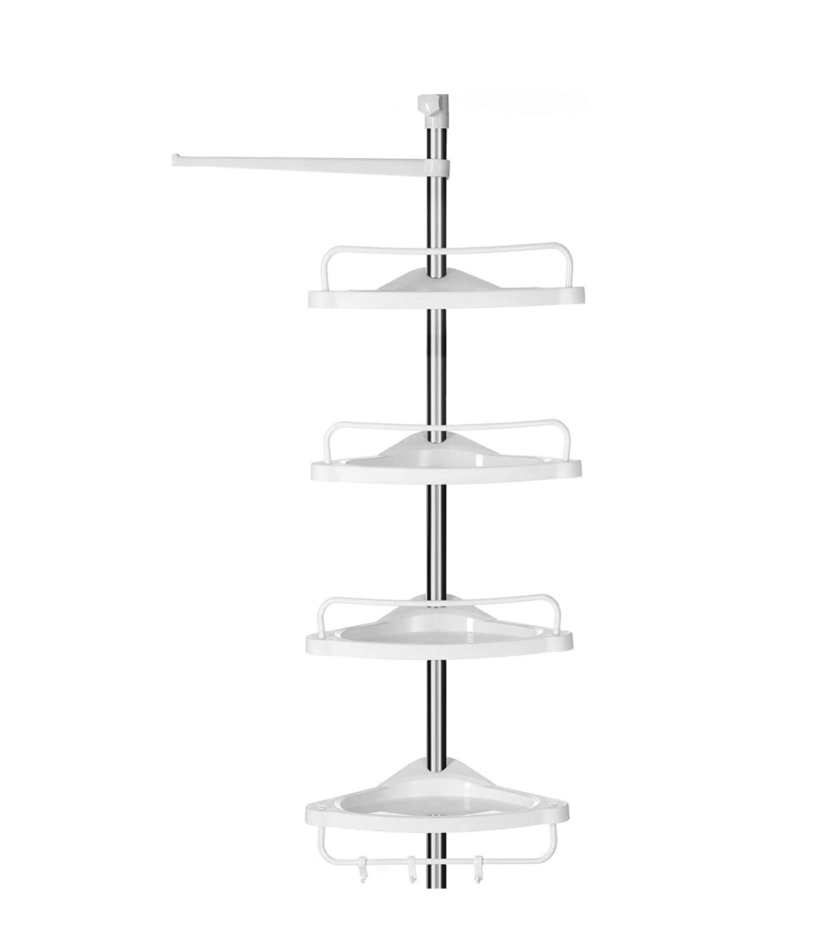 SONGMICS Adjustable Bathroom Corner Shelf, Telescopic Shower Caddy, 95-300 cm, Floor to Ceiling, with Stainless Steel Frame, 4 Trays, 3 Hooks, 1 Towel Bar, White and Silver BCB02SW