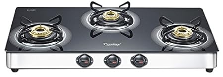 Prestige Royale Plus Glass Top 3 Burner Gas Stove,Manual Ignition, Black
