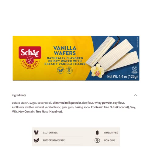 Schar - Vanilla Wafers - Certified Gluten Free - No GMO's, Wheat or