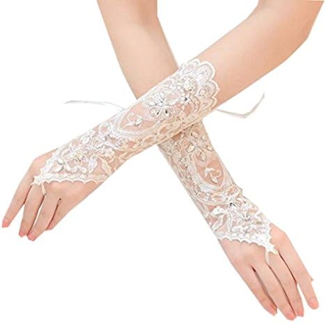 TANGFUTI Fingerless Lace Wedding Gloves for Bride Crystal Sequins Bridal Gloves 059IV