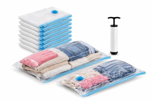 Kit com 10 Sacos a Vácuo para Roupas e Viagem 50x60 cm com Bomba Manual Inclusa, Ideal para Organização de Armário e Mala de Viagem, Compressão de Roupas, Redução de Volume e Economia de Espaço