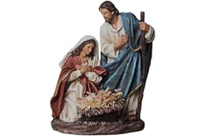 Windy Hill Collection 11.5" inch Holy Family Blue Joseph, Mary, and Jesus in Bed of Real Straw Hay Polyresin Nativity 890009