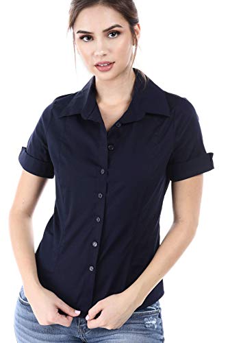 Fashion Magazine Women s Button Down Short and 3/4 Sleeve Slim Shirts & Vest,Made in USA (Small, S/S Navy)
