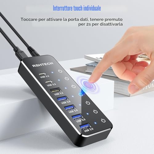 USB 3.2 Hub Powered, RSHTECH 7-Port USB 3.2/C Hub with 3*10Gbps Data Ports (USB-A, 2*USB-C), 4*5Gbps USB 3.0 Ports, Touch Switch, 2-in-1 Data Cable, 15W(5V/3A), RSH-ST07C