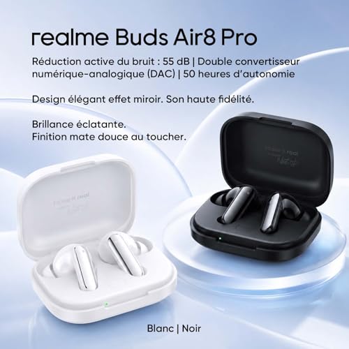 realme Buds Air 8 Pro Wireless Bluetooth Headphones, Adaptive 55dB, 11mm+6mm Speakers Dual DAC, 50H Battery Life, LHDC, Hi-Res Audio, Bluetooth 6.1, Noise Reduction AI Calls, IP55, Black