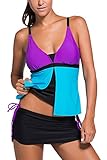Tiheen Womens ColorBlock Top and Skorts Bottom Sets Tankini Bathing Suits (FBA)