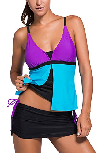 Tiheen Womens Sexy Summer Color Top Skorts Bottom Two Pieces Tankini Swimsuits Bathing Suits (Purple S)