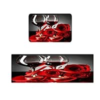 Goodbath Kitchen Rugs, Rose Red Wine Romantic Lovers Non Slip Kitchen Rug Set 2 Piece, Bathroom Mats Floor Carpet, 16" x 48" and 16" x 24", Red Black