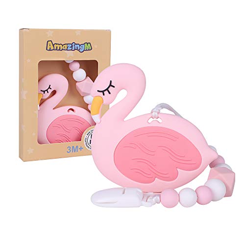 AmazingM Flamingo Teething Toys,Food Grade Silicone Teether Toy with  Pacifier Clip Holder,BPA Free,Freezer Saf