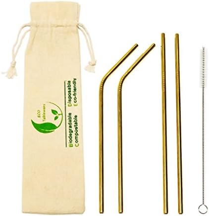 Yellow Copper Straws Glittering Gold Color Metal Stainless Steel Reusable Drinking Straws with Travel Carry Bag