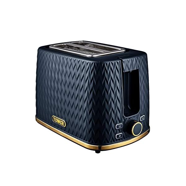 Tower T20054MNB Empire 2-Slice Toaster with Defrost/Reheat, Removable Crumb Tray, 900W, Midnight Blue and Brass