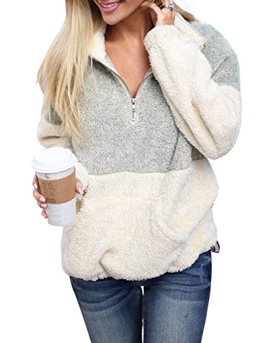 MEROKEETY Women's Long Sleeve Contrast Color Zipper Sherpa Pile Pullover Tops Fleece with Pocket Light Grey