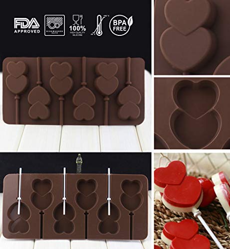 Webake Lollipop Mold With Sticks, 3 Pack Chocolate Hard Candy Mold 6 Cavity Heart Shape Lollipop (Toffee Brown)