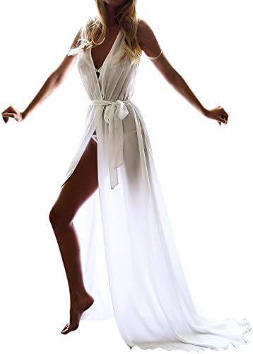 Long Beach Dress for Women Swimwear Cover Ups Deep V-neck High Slit Chiffon US2-12